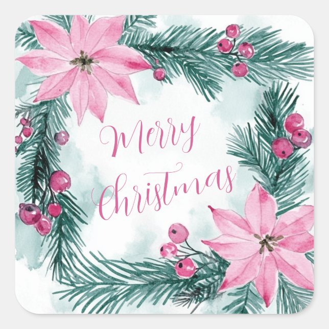 Sticker Carré Pink Poinsettias Noël Floral (Devant)