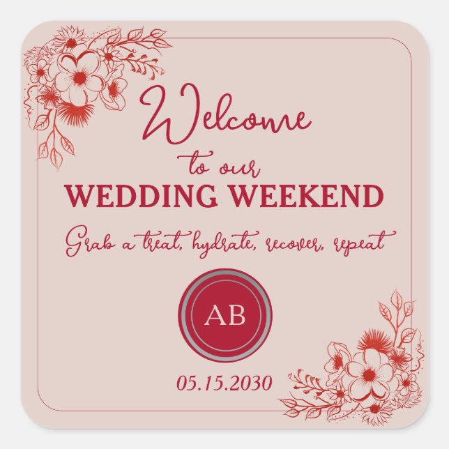 Sticker Carré Pink Red Wedding Weekend Welcome (Devant)