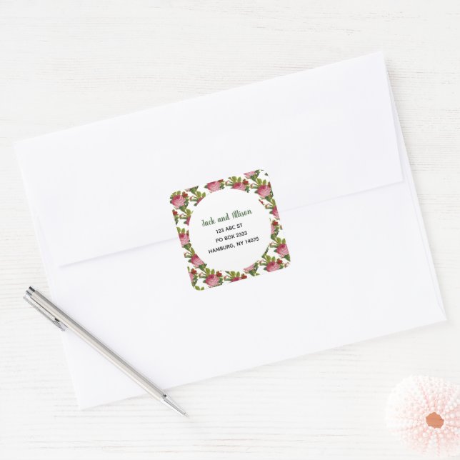 Sticker Carré Pink Rose Minimum Floral Green Leaf (Enveloppe)