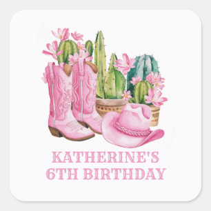 Sticker Carré Pink West Cowgirl Cactus Aquarelle Anniversaire