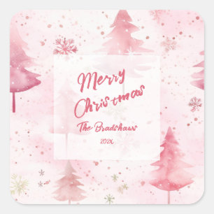 Sticker Carré Pins Arbres Aquarelle rose Noël
