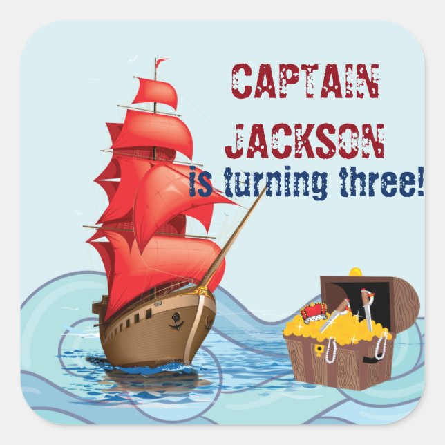 Sticker Carré Pirate Birthday Party Design de rayures de bateau (Devant)