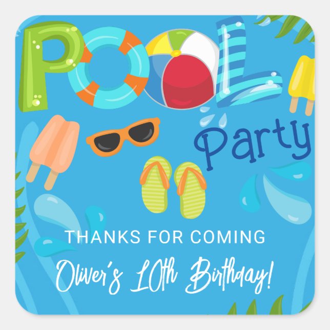 Sticker Carré Piscine fêtes été garçon fête d'anniversaire Favor (Devant)