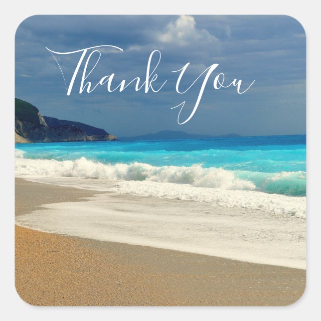 Sticker Carré Pittoresque Turquoise Blue Sea Beach Merci photo (Devant)