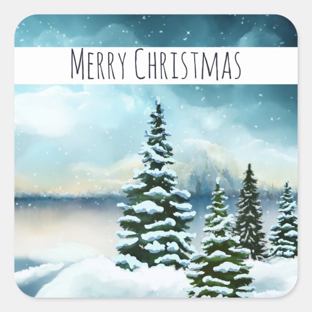 Sticker Carré Pittoresque Winter Wonderland aquarelle peinture (Devant)