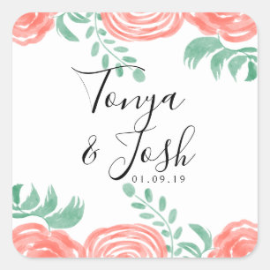 Sticker Carré Pivoine Corail Aquarelle Mariage Moderne