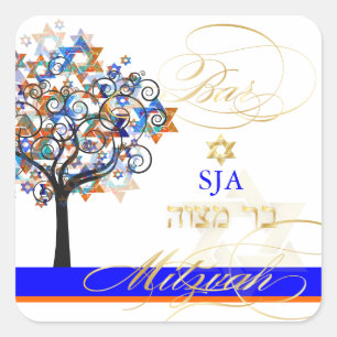 Sticker Carré PixDezines arbre de vie+étoiles/Bar Mitzvah