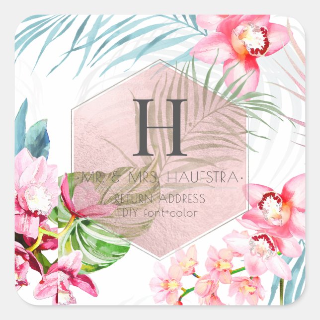 Sticker Carré PixDezines Orchidée Isle, Orchidée rose+Palms (Devant)