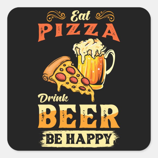 Sticker Carré Pizza Et Bière (Devant)
