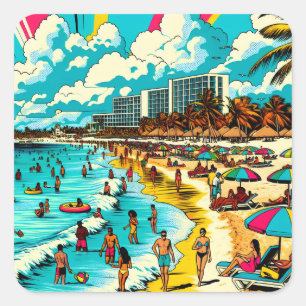 Sticker Carré Plage avec bande dessinée Pop Art Vibe