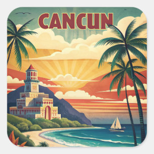 Sticker Carré Plage de Cancun Vintage voyage Mexique