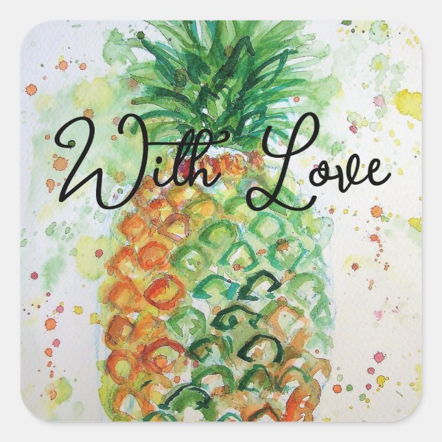 Sticker Carré Plage De Fruits D'Ananas Jaune Avec Amour (Devant)