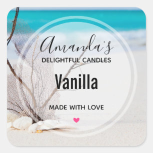 Sticker Carré Plage de sable avec Coquillages blancs Bougie Busi