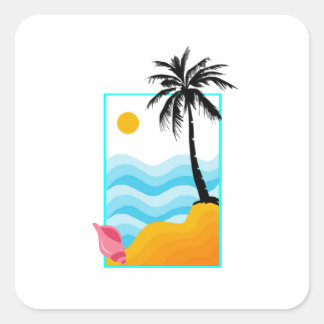 Sticker Carré Plage, Mer, sable, palmier, coquille