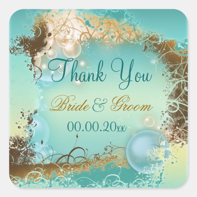 Sticker Carré Plage "merci" mariage aqua blanc (Devant)