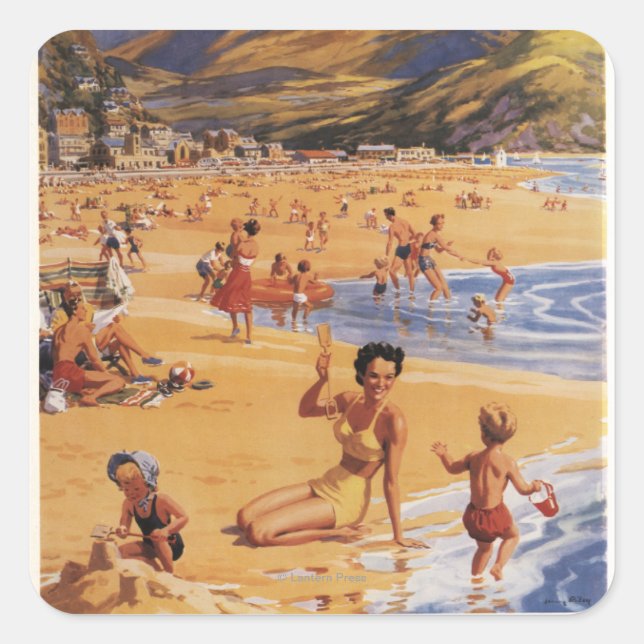 Sticker Carré Plage Scène mère et enfants British Rail (Devant)