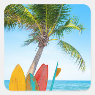 Sticker Carré Plage Tropical Surfboard