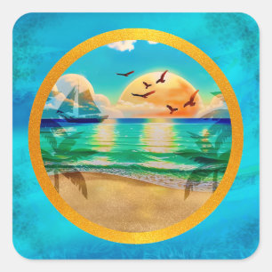 Sticker Carré Plage Tropicale Moderne Palmiers Coucher de Soleil