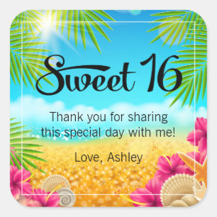 Sticker Carré Plage tropicale Pink Hibiscus Sweet 16 Faveur