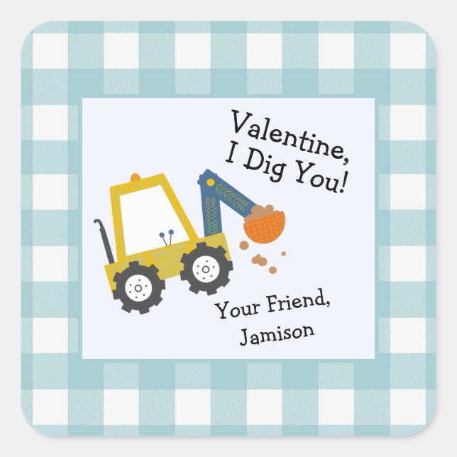 Sticker Carré Plaid bleu Valentine I Dig You Favo (Devant)