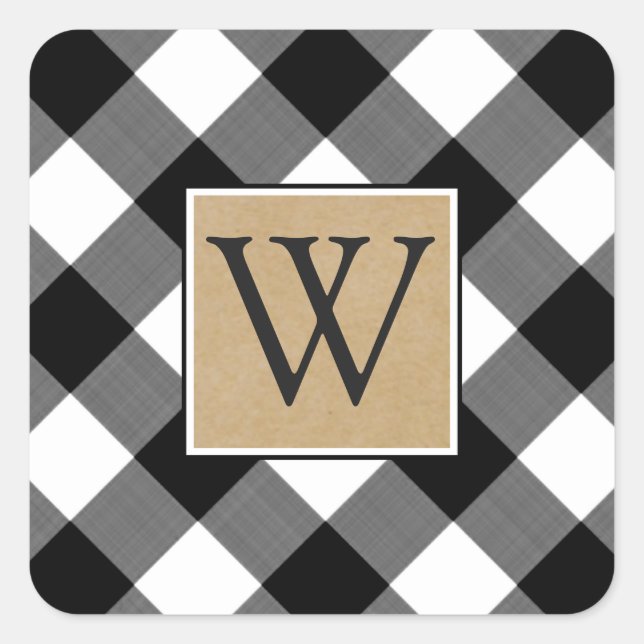 Sticker Carré Plaids Buffalo Noir Marron Kraft Monogramme (Devant)