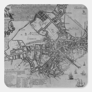 Sticker Carré Plan de Boston, Nouvelle Angleterre, 1739