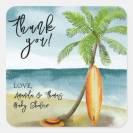 Sticker Carré Planche de surf aquarelle sur la plage - merci