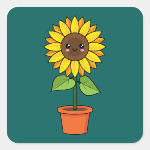 Sticker Carré Plante de tournesol Kawaii dans un pot