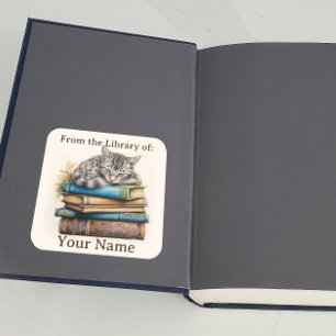 Sticker Carré Plaque avec chat posée sur les livres