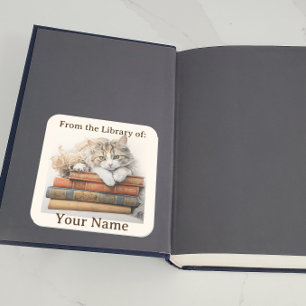 Sticker Carré Plaque avec chat Relaxant sur livres