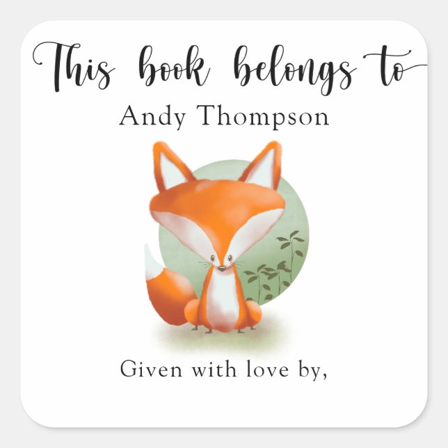 Sticker Carré Plaque Baby shower Fox - ce livre appartient à (Devant)
