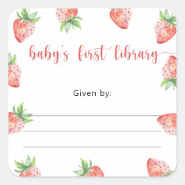 Sticker Carré Plaque Baby shower fraise, livres pour bébé
