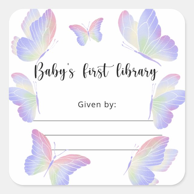 Sticker Carré Plaque Baby shower papillon, livres pour bébé (Devant)