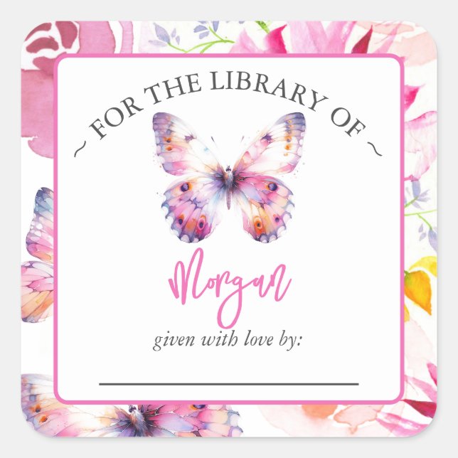 Sticker Carré Plaque Baby shower papillon rose (Devant)