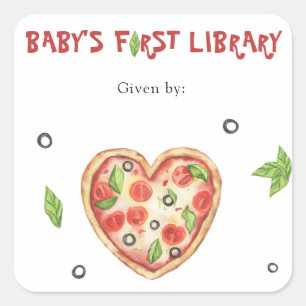 Sticker Carré Plaque Baby shower pizza - Première bibliothèque p