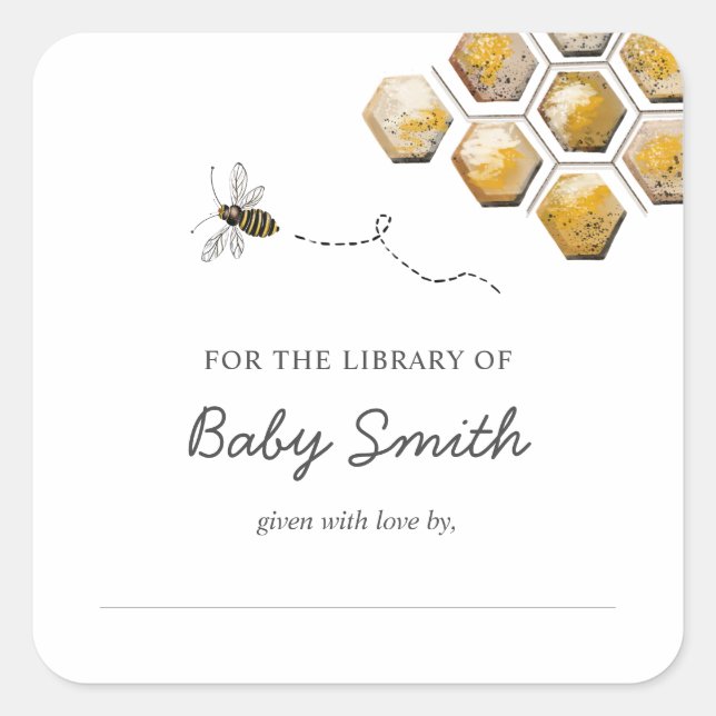 Sticker Carré Plaque de Baby shower d'abeille dorée (Devant)