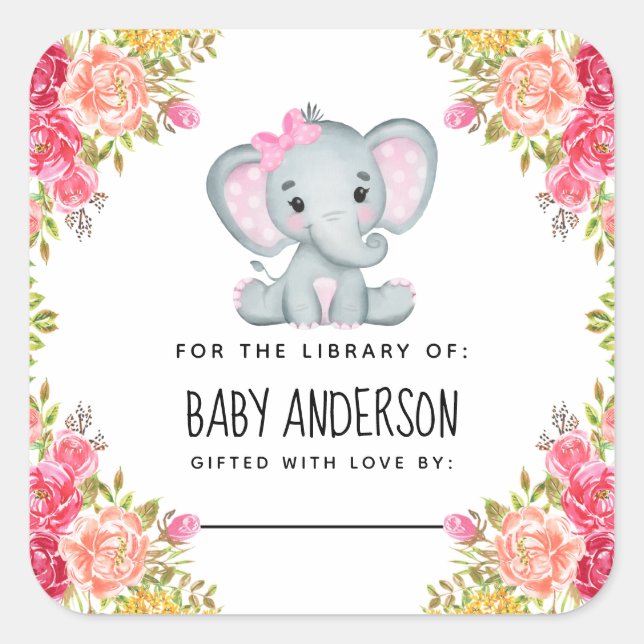 Sticker Carré Plaque de Baby shower d'éléphant floral (Devant)