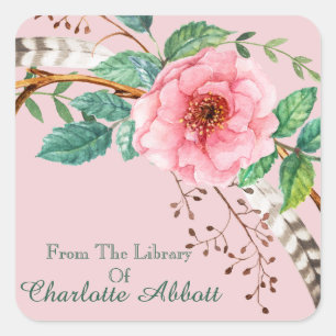 Sticker Carré Plaque de conception de plume rose floral
