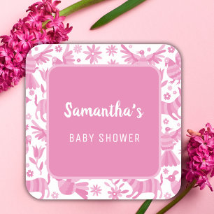 Sticker Carré Plaque de papier baby shower mexicaine rose otomi