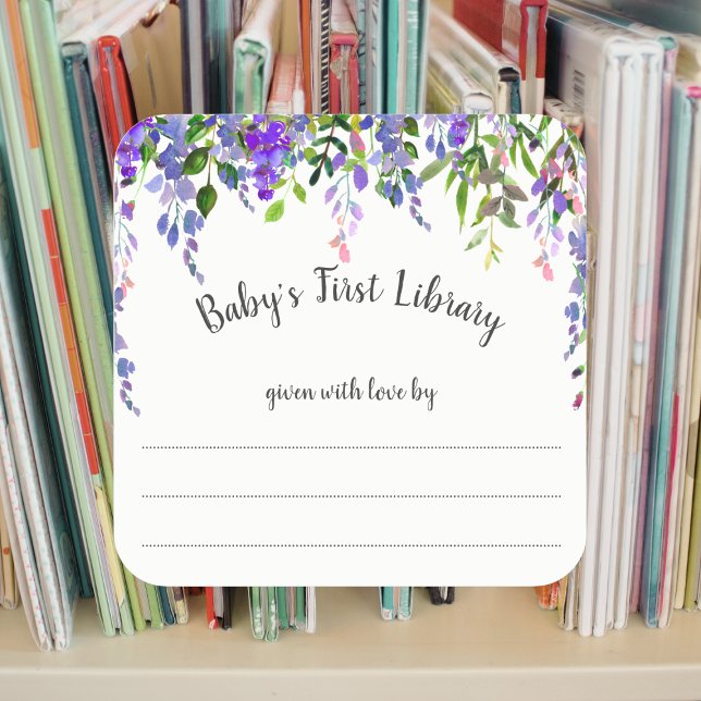 Sticker Carré Plaque florale violet fille, baby shower de livre (Créateur téléchargé)