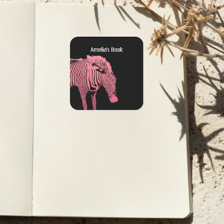 Sticker Carré Plaque-livre Zèbre rose et noir personnalisée