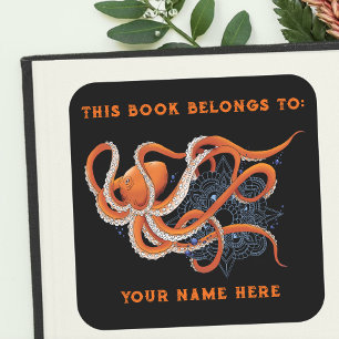 Sticker Carré Plaque Octopus Orange Mandala Blue