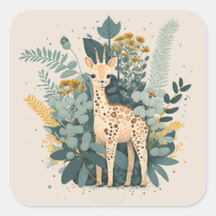 Sticker Carré Plaques en papier de girafe à fleurs mignonnes