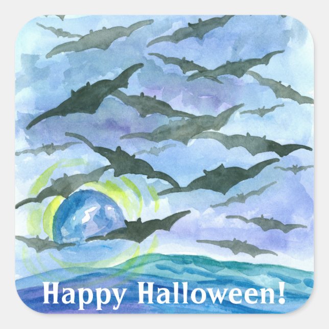 Sticker Carré Pleine lune chauves-souris joyeuses Halloween (Devant)