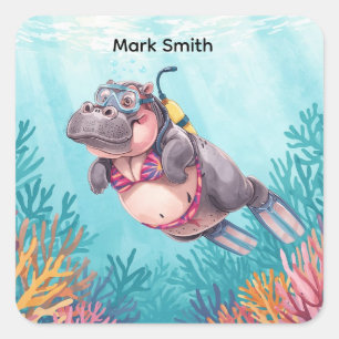Sticker Carré Plongeur Scaphandrier Hippopotame sous l'eau