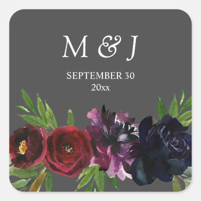 Sticker Carré Plum de Bourgogne Marine Floral Monogramme Gris (Devant)