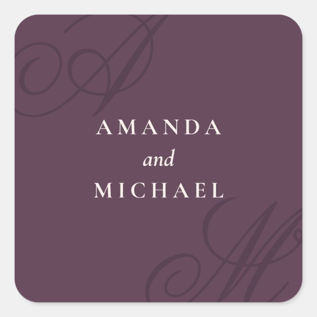 Sticker Carré Plum violet moderne Edge élégant Mariage Monogramm (Devant)