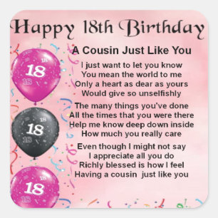 Sticker Carré Poème Cousin 18ème Anniversaire rose