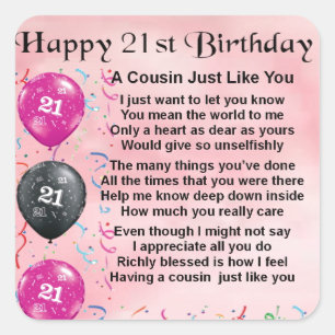 Sticker Carré Poème Cousin - Rose - 21ème anniversaire