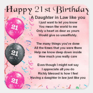 Sticker Carré Poème de belle-fille - 21ème anniversaire